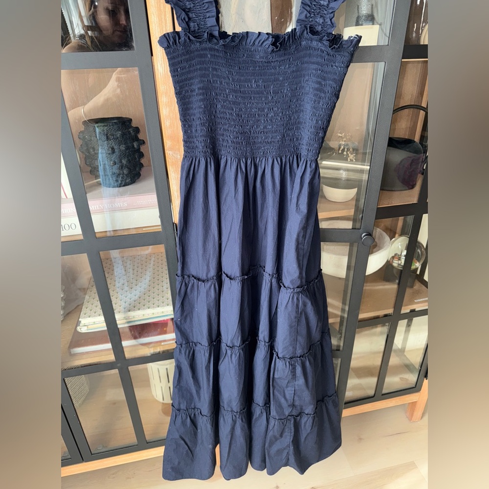 Quince nap dress Poplin Smocked Midi ruffles square neck tiered hill house navy - Picture 7 of 7